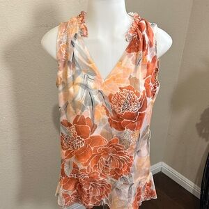 Elegant Floral V-Neck Blouse - Orange and Cream